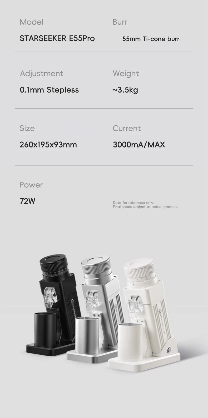 STARSEEKER E55Pro Electric Coffee Grinder 55MM Titanium Cone Burr Stepless Adjustment Espresso Brew Coffee Bean Grinder Black