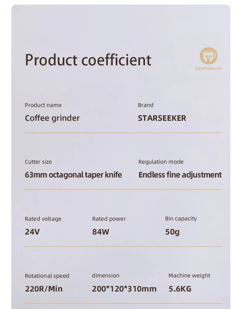 STARSEEKER EDGE PLUS Electric Coffee Grinder 63MM Titanium Burr Stepless Fineness Adjustment Removable Magnetic Suction Port