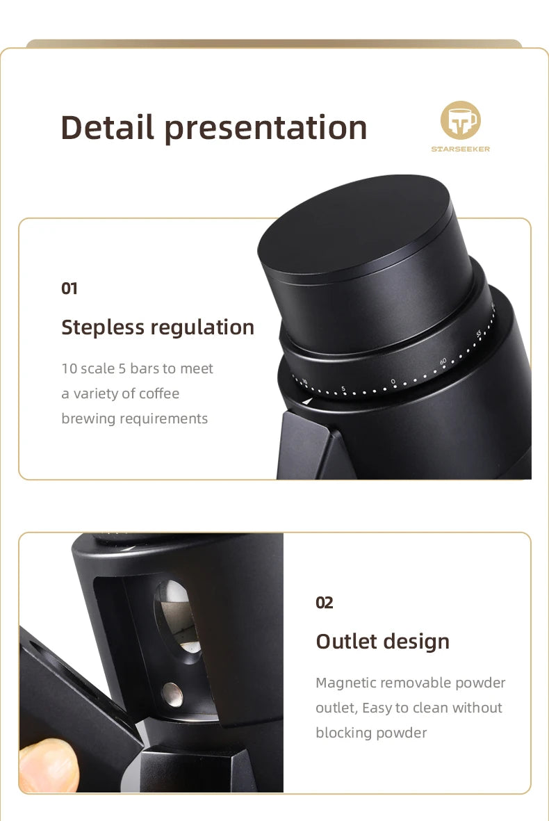 STARSEEKER EDGE PLUS Electric Coffee Grinder 63MM Titanium Burr Stepless Fineness Adjustment Removable Magnetic Suction Port